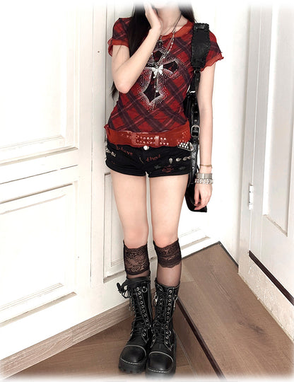 Y2K Red Plaid Pattern Rhinestone Embellished Cross Punk Glamorous Mesh T-Shirt