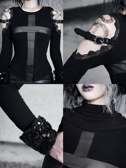 Black Open Shoulders Semi-sheer Cross Shaped Mesh Panels Goth Long Sleeve Top