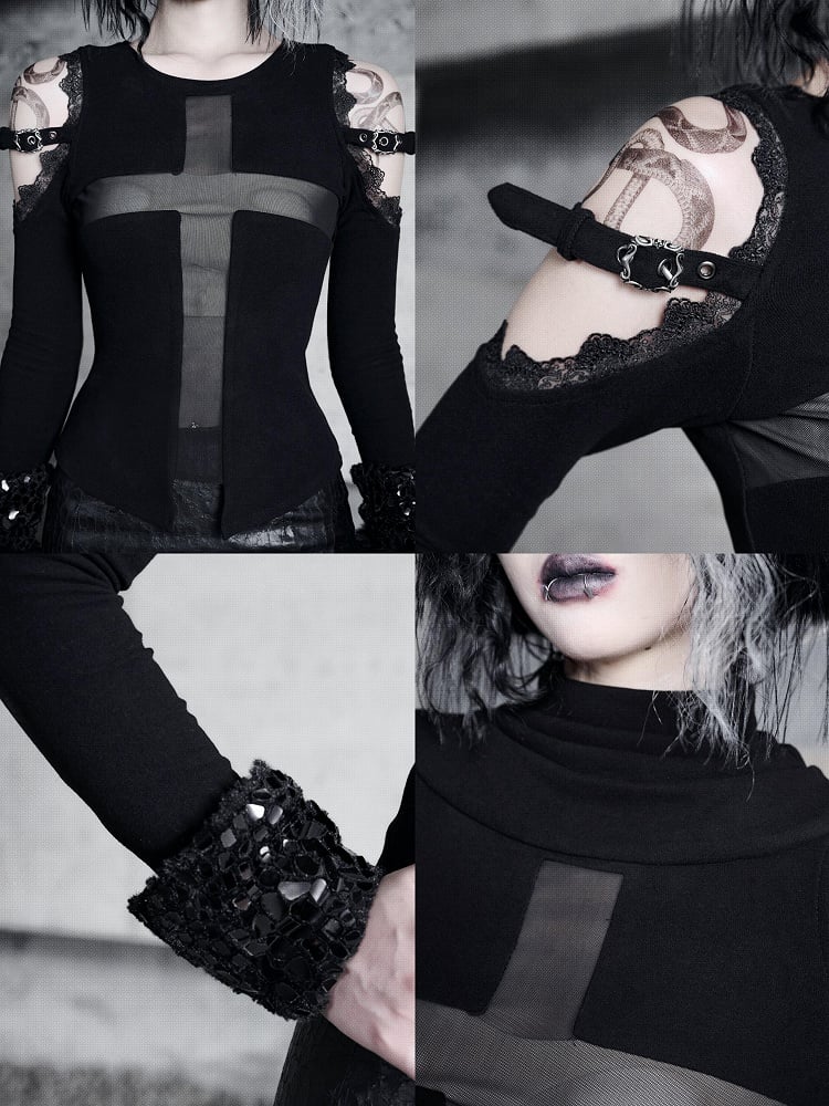 Black Open Shoulders Semi-sheer Cross Shaped Mesh Panels Goth Long Sleeve Top