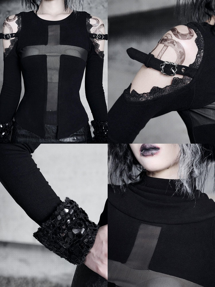 Black Open Shoulders Semi-sheer Cross Shaped Mesh Panels Goth Long Sleeve Top