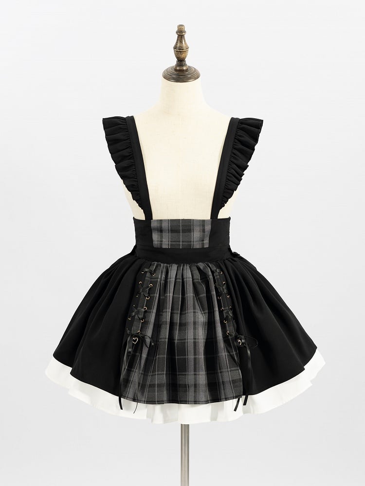 Black and Gray Plaid Jirai Kei Skirt with Removable Straps