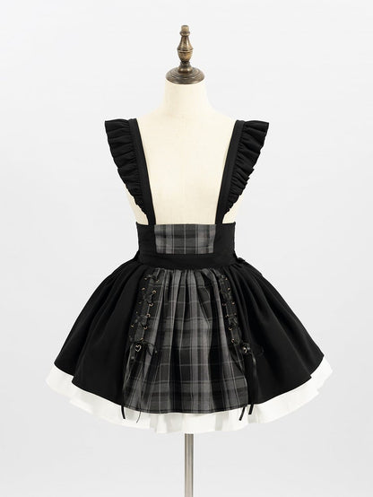 Black and Gray Plaid Jirai Kei Skirt with Removable Straps