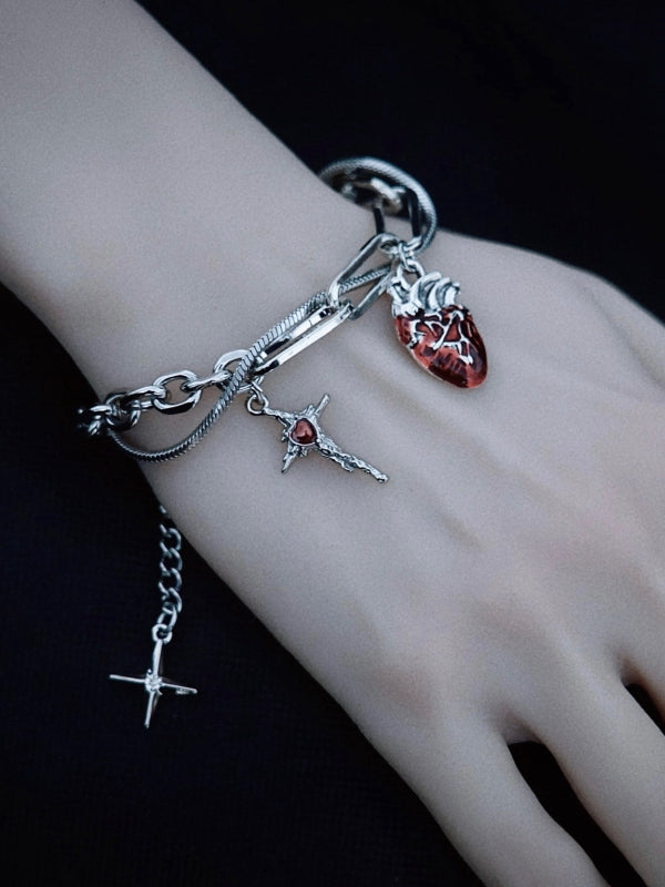 Gothic Handmade Heart and Cross Charm Silver Bracelet