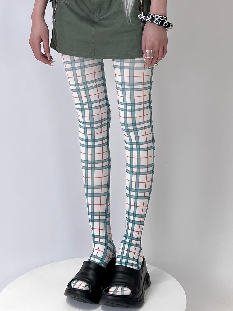 White&Green/Purple Y2K Plaid Tights