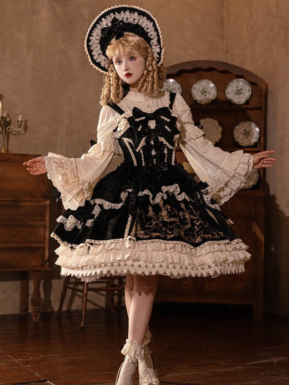 Bows Decoration Candle Embroidery Black Velvet Dress Lolita JSK / Set