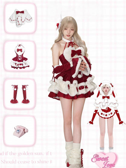 Christmas Red Velvet Tiered Halter Dress with White Plush Trim & Free Armwear