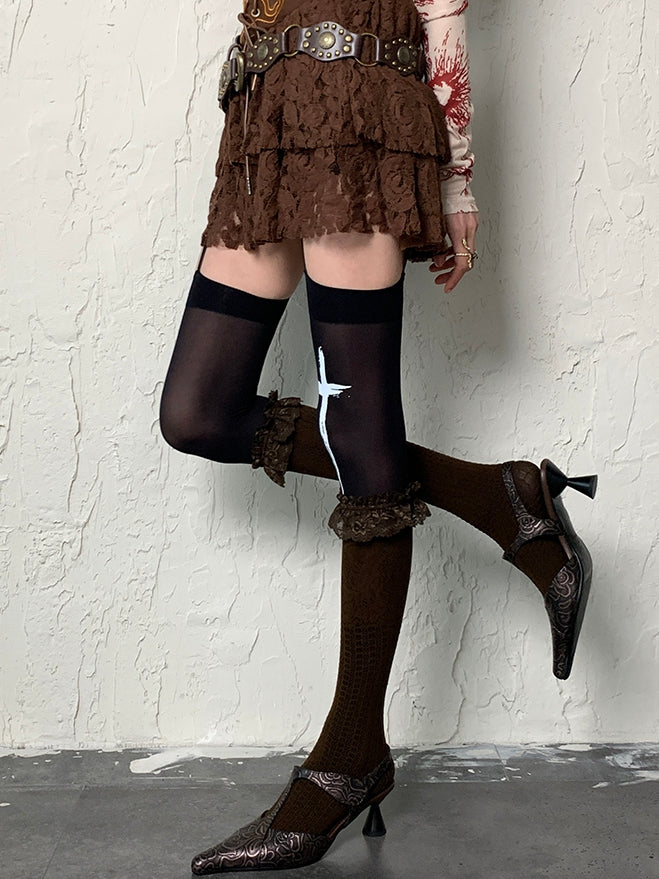Brown Y2K Ruffled Cuff Under-knee Stockings