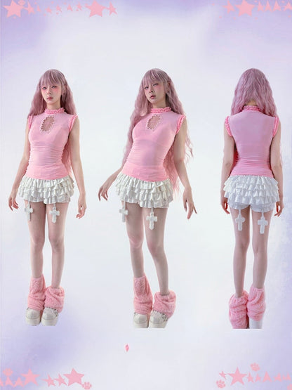 Light Pink Mock Neck Coffin-Shaped Cutout  Pastel Goth Sleeveless Top