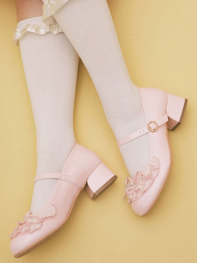 Pink Beaded Round Buckle Bowknot Decorated Multiple Layers Lace Mary Janes