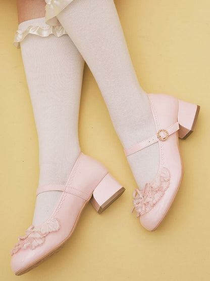 Pink Beaded Round Buckle Bowknot Decorated Multiple Layers Lace Mary Janes