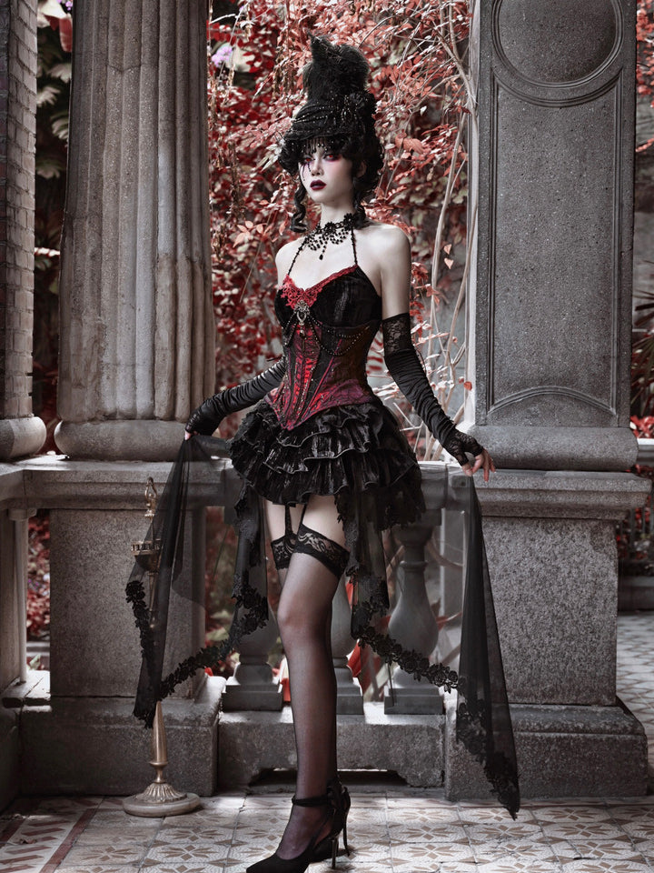 Gothic Black Velvet Tiered Skirt with Detachable Tulle Train