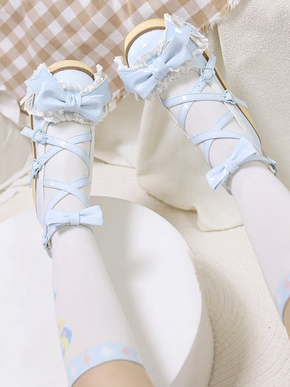 Polished Blue Bunny Ear Bowknot Old School Sweet Lolita Platforms