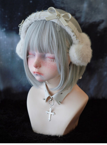 White Handmade Cross Pins Bow Plush Heart-shaped Earmuffs