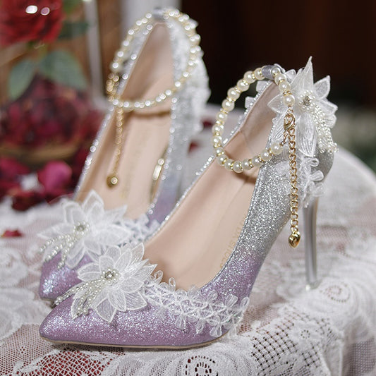 Pink Glittering Floral Detachable Beaded Chain 7CM/9CM Hime Lolita High Heels