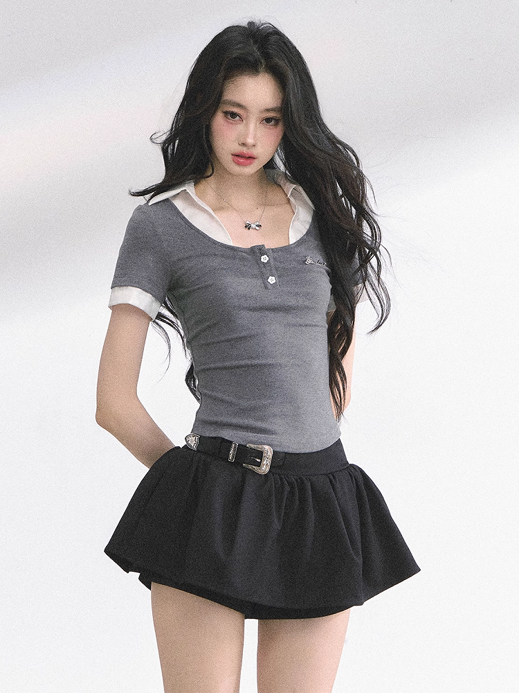 Gray and White Partial Floral Button Placket Faux Two-pieces T-shirt