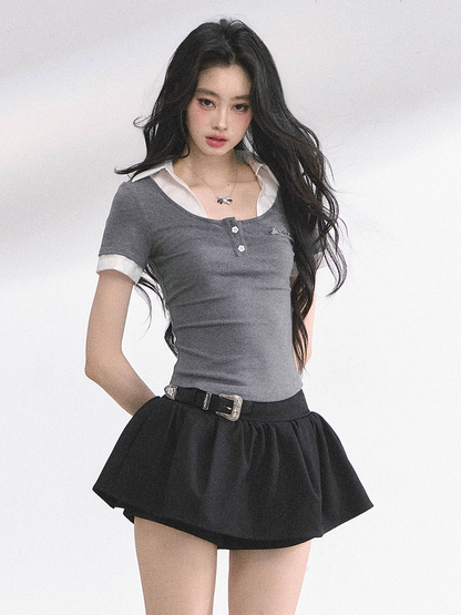 Gray and White Partial Floral Button Placket Faux Two-pieces T-shirt