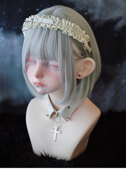 White Gothic Handmade Studs and Pins PU Ruffled KC