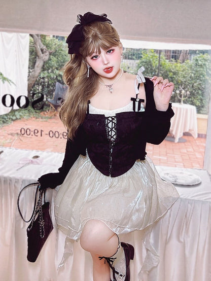 Plus Size Rhinestoned Bowknots Black Lace-up Top
