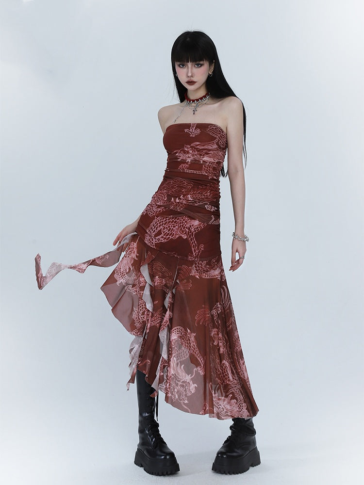 Red Dragon Print Asymmetrical Hem Slim-fitting Dress