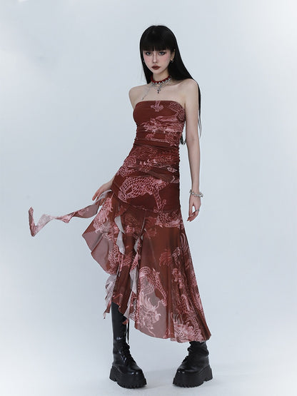 Red Dragon Print Asymmetrical Hem Slim-fitting Dress