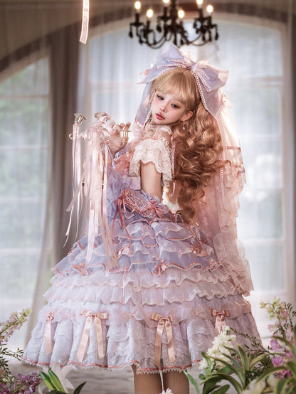 Purple and Pink Hime Lolita Bow Accents Tiered Skirt Princess Dress