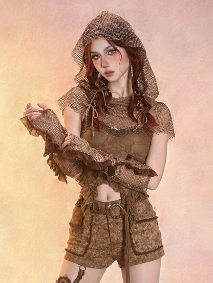 Sand Brown Mesh Fabric Wasteland Punk Hood