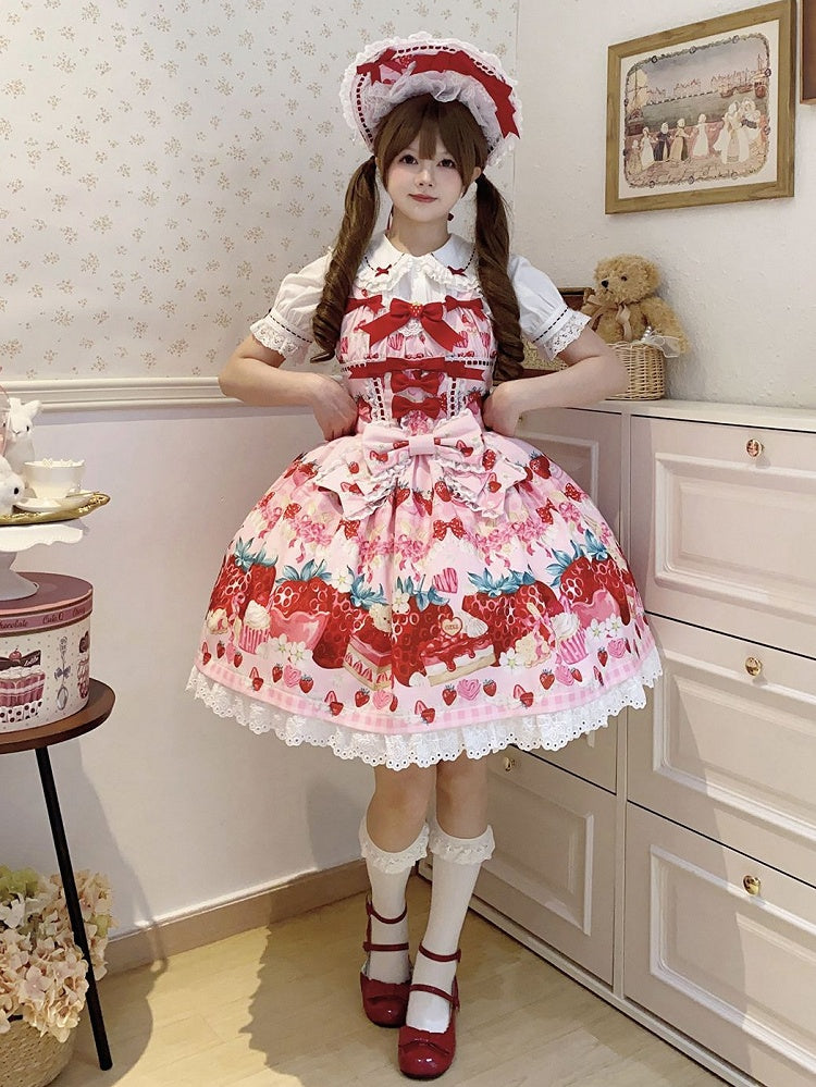 Strawberry and Dessert Print Pink Sweet Lolita Dress