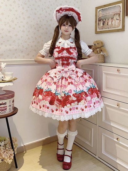 Strawberry and Dessert Print Pink Sweet Lolita Dress