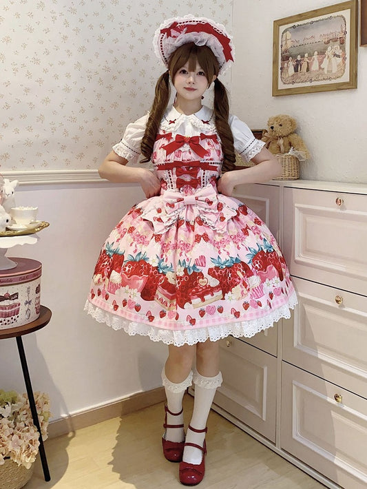 Strawberry and Dessert Print Pink Sweet Lolita Dress