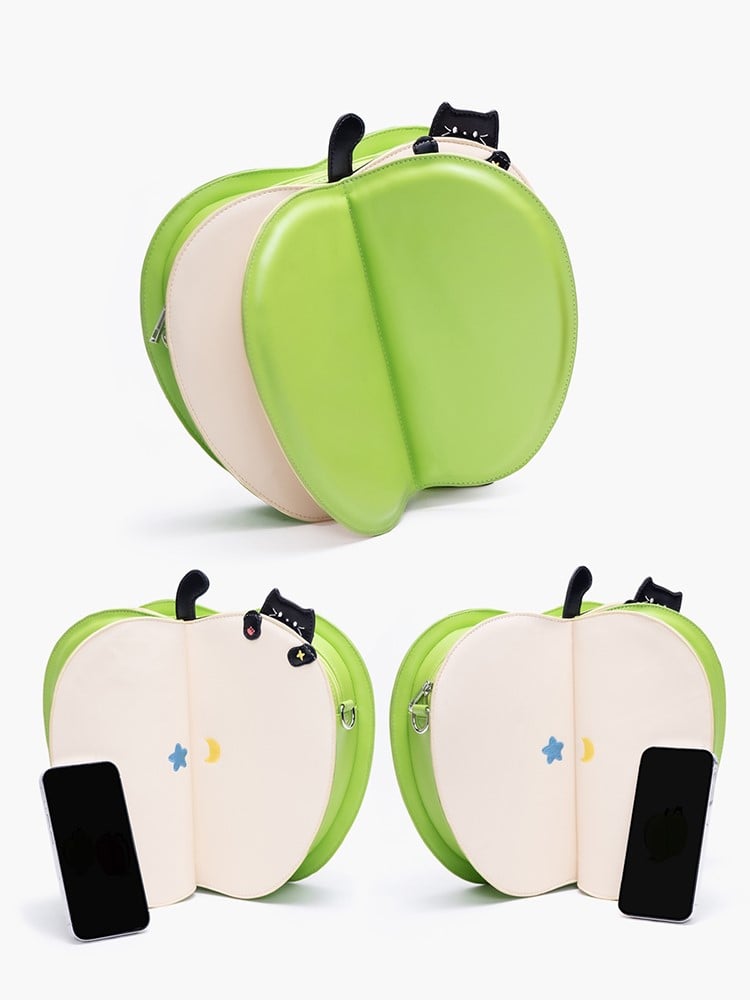 Creative 2-Way Green Apple Flip Backpack With Kawaii Cat Embroidery And Moon & Star Core