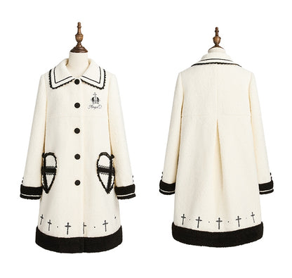 Heart-shaped Pockets White Woolen Coat with Black Embroidery Detail