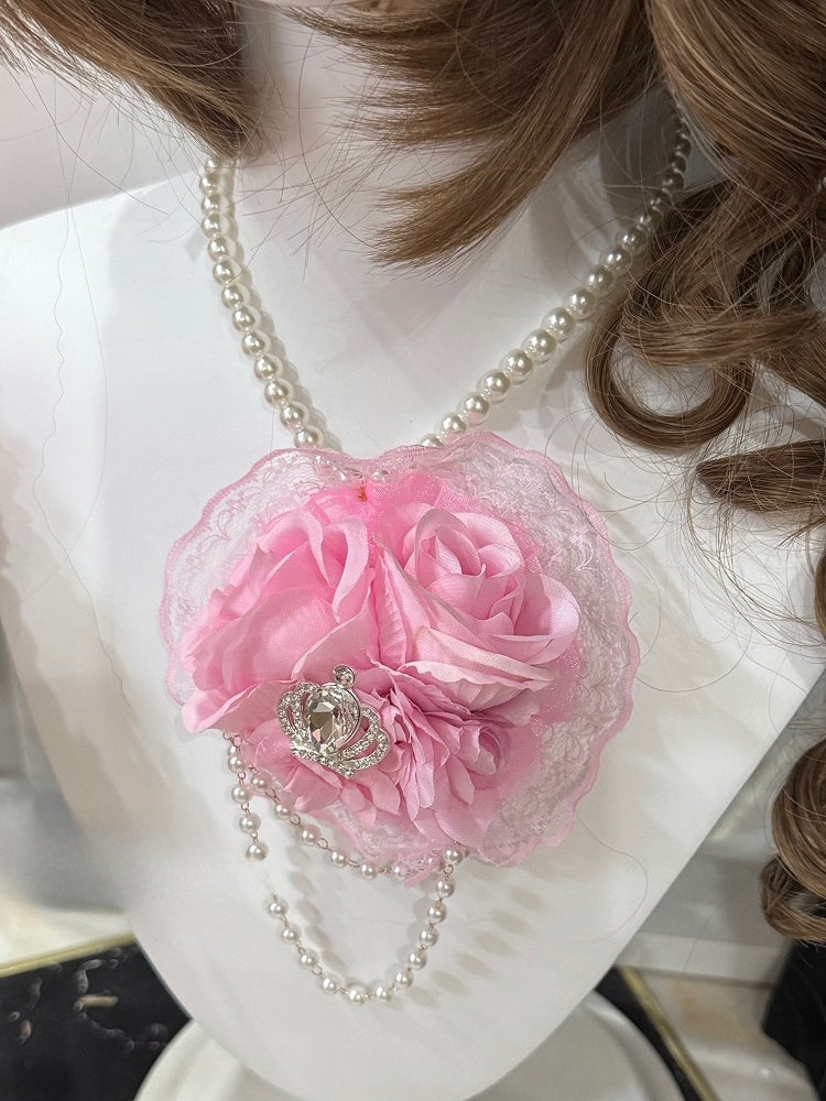 Pink Rhinestone Crown Decorated Floral Pendant Beaded Necklace