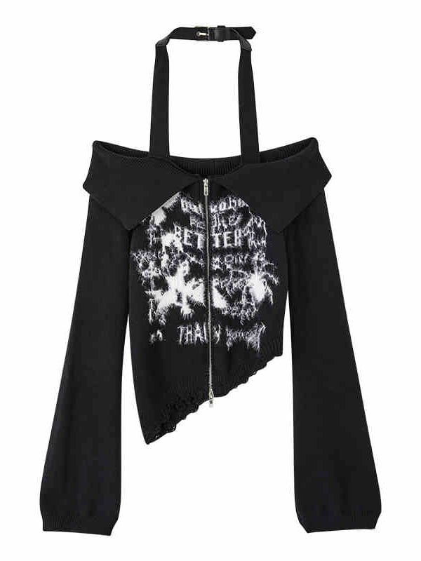Punk Black Halter Neck Slim Fit Knit Top Cutout Shoulder