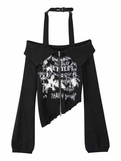Punk Black Halter Neck Slim Fit Knit Top Cutout Shoulder