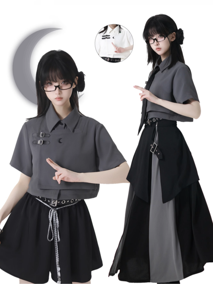 White/Gray Leather Buckles Cheongsam Style Short Sleeves Cropped Shirt with Tie