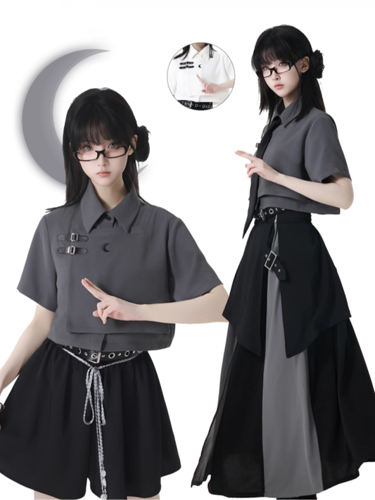 White/Gray Leather Buckles Cheongsam Style Short Sleeves Cropped Shirt with Tie