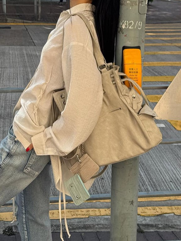 White Soft Tote Bag With Large Capacity&Stud Details