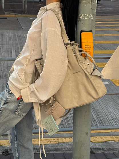 White Soft Tote Bag With Large Capacity&Stud Details