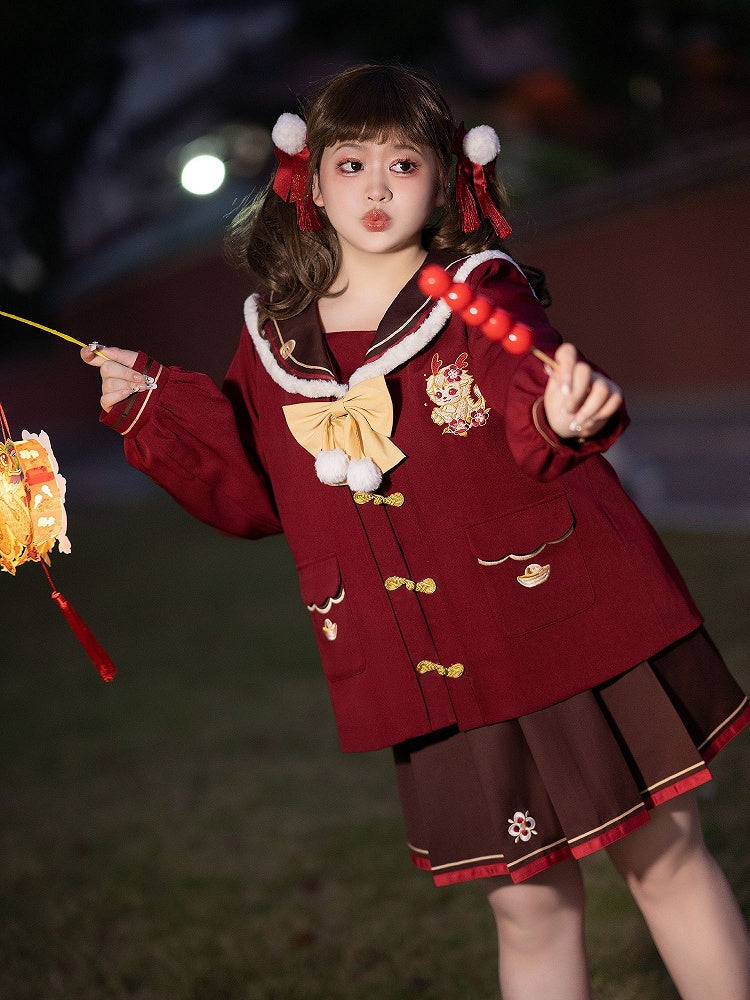 Plus Size New Year Floral Embroidery Brown Pleated Skirt