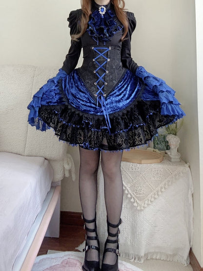Black and Klein Blue Gothic Lolita Full Set - Long Bell Sleeves Shirt + Boned High Waist Skirt + Jabot Tie + Mini Hat