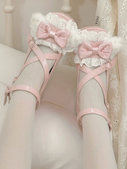 Pink&White Crisscross Design Plush Bunny Ear Decorated Bow at Top Platforms With Pompon