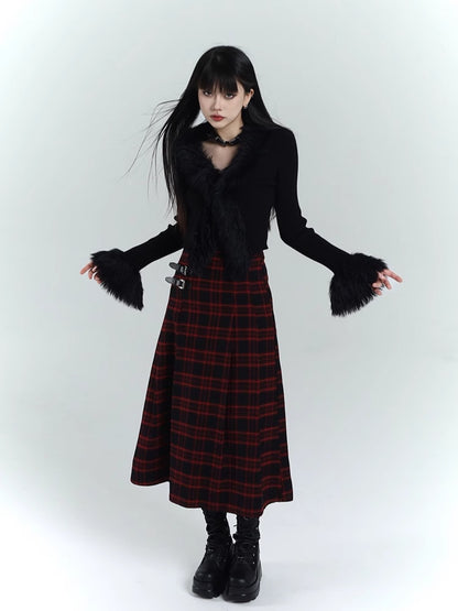 Gothic Black V-Neck Plush Trim Slim-fitting Knitted Sweater