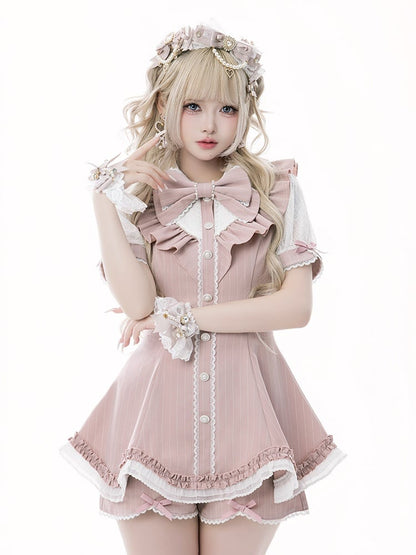 Pink Striped Jirai Kei Set: Scalloped Edge Trim Lace-up Back Top+ Shorts+ Bowknot Brooch