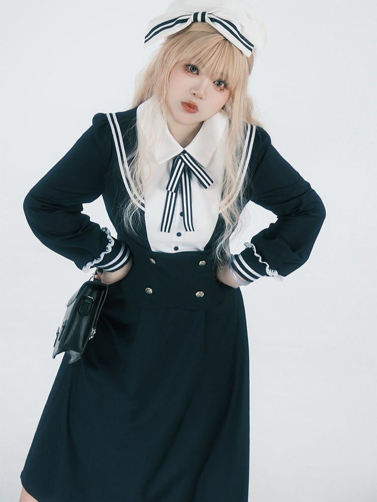 Plus Size JK Uniform Preppy Black Faux Two-Piece Midi Dress with Sailor Collar & Striped Accents