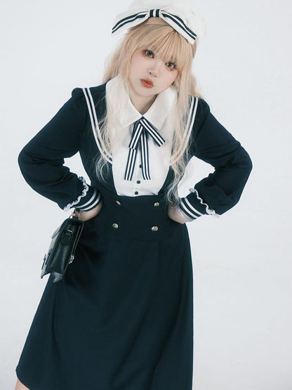 Plus Size JK Uniform Preppy Black Faux Two-Piece Midi Dress with Sailor Collar & Striped Accents