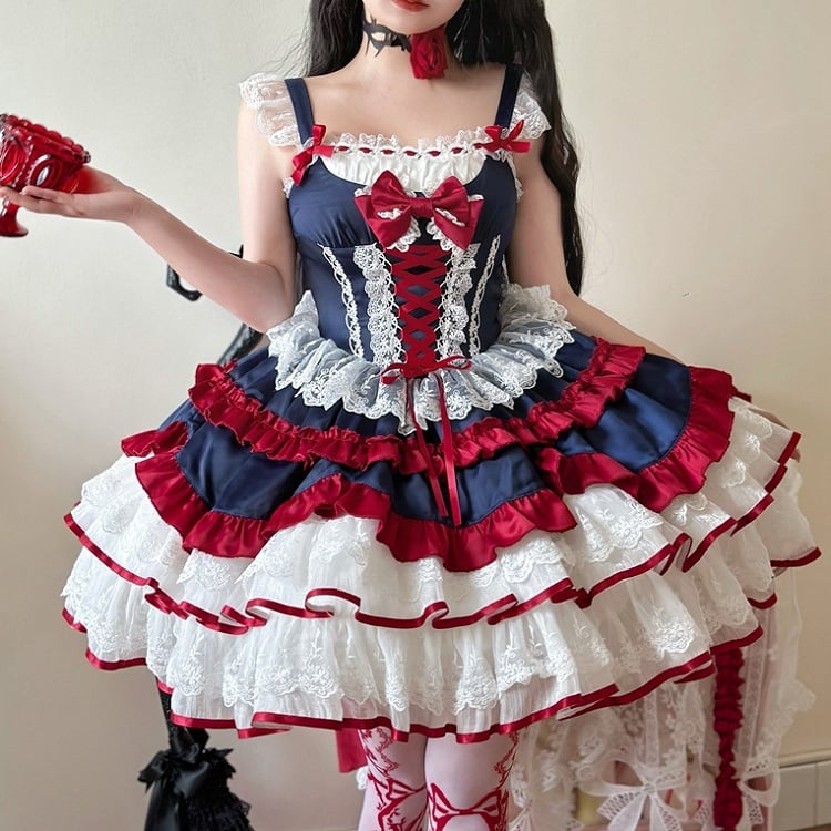 Dark Blue and Red Corset Waist Tiered Ruffle Skirt Sweet Lolita Dress Snow White Vibes