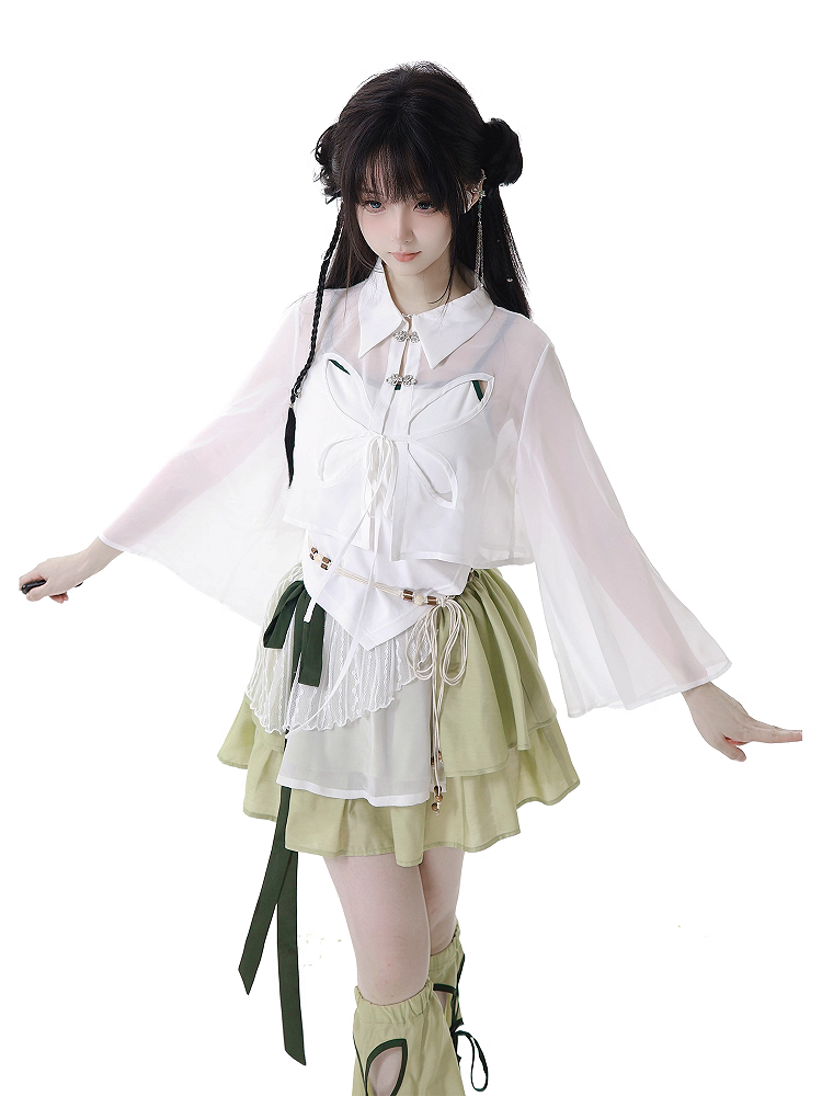 Green Cheongsam Style Elastic Waist Tiered Skirt with Waist Belt