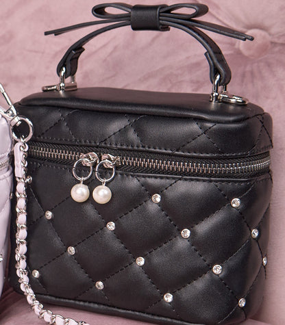 Pink/White/Black Jirai Kei Quilted Crossbody/Handbag with Rhinestone Decor