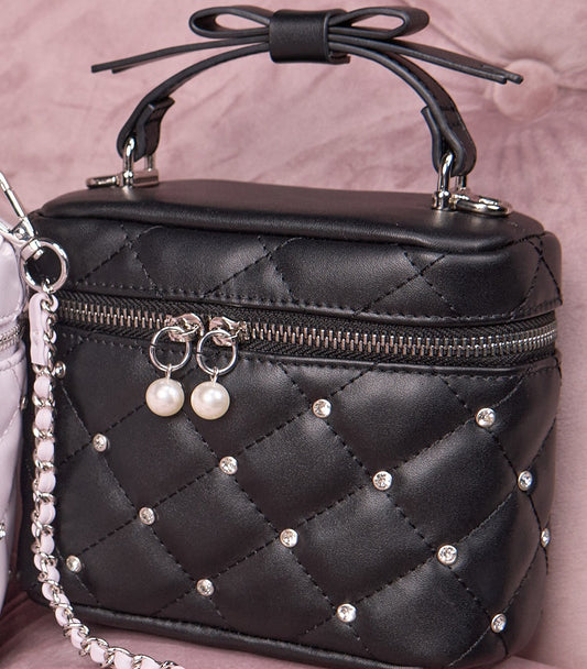 Pink/White/Black Jirai Kei Quilted Crossbody/Handbag with Rhinestone Decor