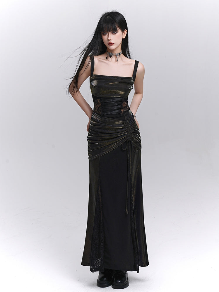 Black Lace Patches Waist Drawstring Hip Sleeveless Dress